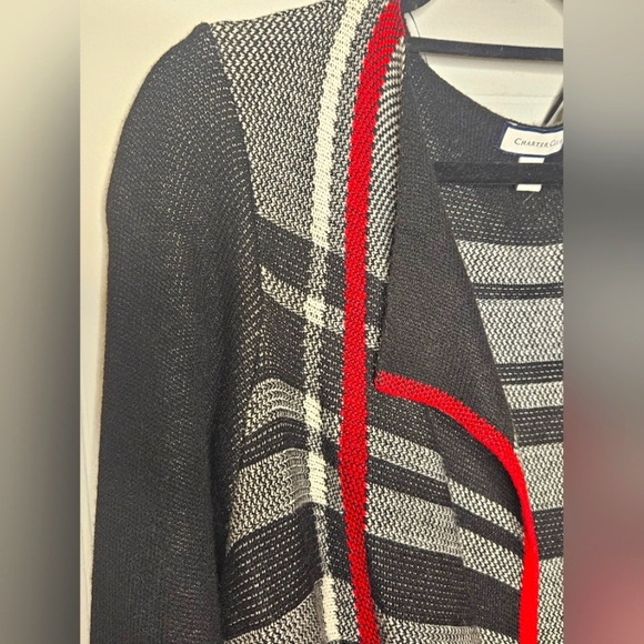 Charter Club Open Front Chunky Knit Black Red White Plaid Cardigan Sz XL - Picture 3 of 10